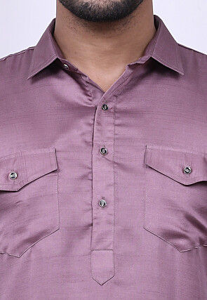 Solid Color Art Silk Pathani Suit in Dusty Purple