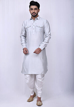 Solid Color Art Silk Pathani Suit in Light Grey