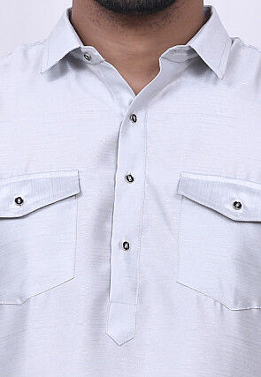 Solid Color Art Silk Pathani Suit in Light Grey