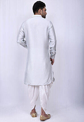 Solid Color Art Silk Pathani Suit in Light Grey