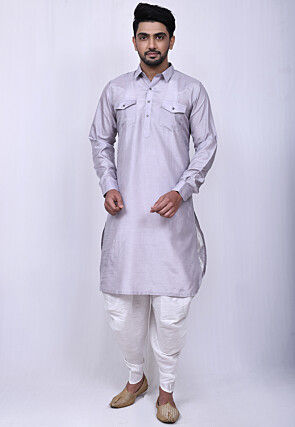 Solid Color Art Silk Pathani Suit in Light Grey