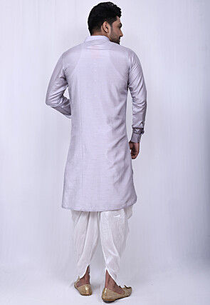 Solid Color Art Silk Pathani Suit in Light Grey