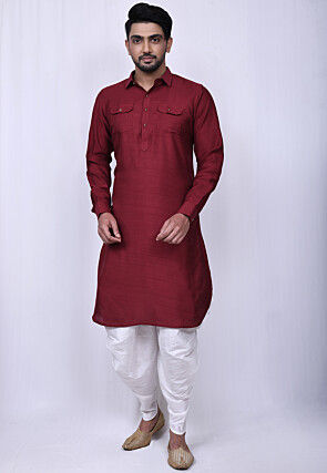 Solid Color Art Silk Pathani Suit in Maroon