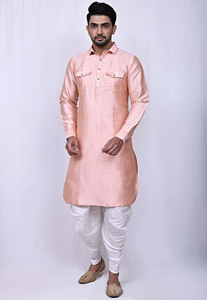 Solid Color Art Silk Pathani Suit in Peach