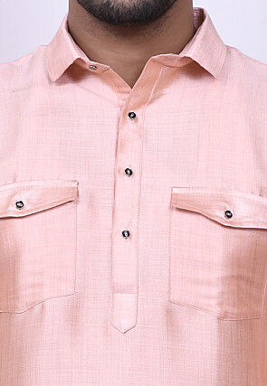 Solid Color Art Silk Pathani Suit in Peach
