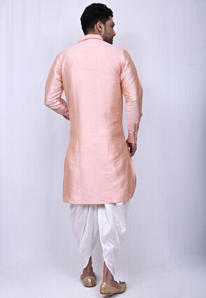 Solid Color Art Silk Pathani Suit in Peach