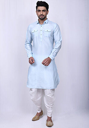 Solid Color Art Silk Pathani Suit in Sky Blue