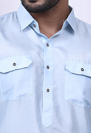 Solid Color Art Silk Pathani Suit in Sky Blue