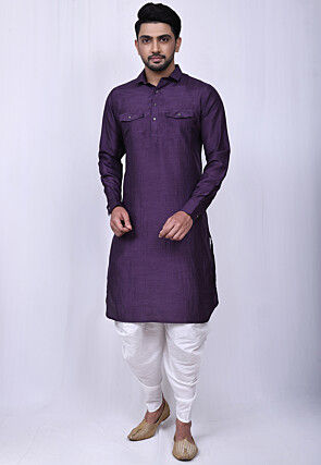 Solid Color Art Silk Pathani Suit in Violet