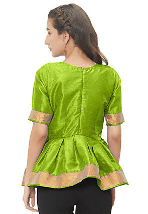 Solid Color Art Silk Peplum Blouse in Neon Green