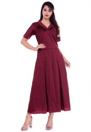 Solid Color Art Silk Pleated Dress in Maroon