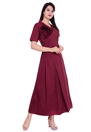 Solid Color Art Silk Pleated Dress in Maroon