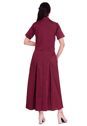 Solid Color Art Silk Pleated Dress in Maroon
