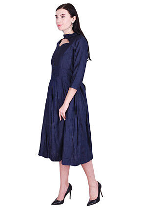 Solid Color Art Silk Pleated Dress in Navy Blue