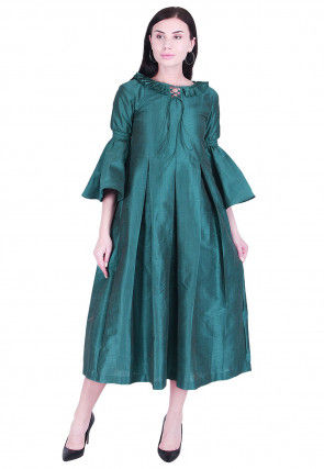 Solid Color Art Silk Pleated Dress in Teal Blue