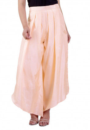 Solid Color Art Silk Pleated Palazzo in Light Peach