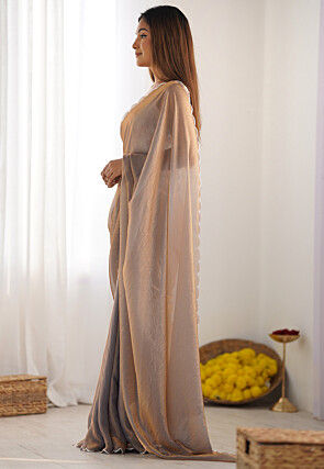 Solid Color Art Silk Scalloped Saree in Beige