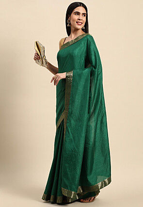 Solid Color Art Silk Saree in Dark Green