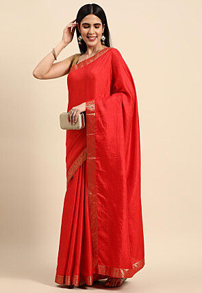Solid Color Art Silk Saree in Red
