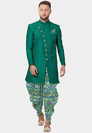 Solid Color Art Silk Sherwani Dhoti Set in Teal Green