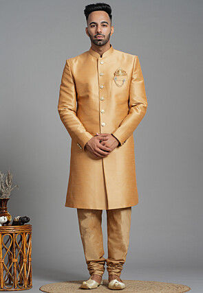 Solid Color Art Silk Sherwani in Beige