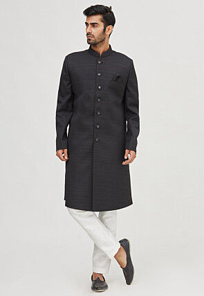 Solid Color Art Silk Sherwani in Black