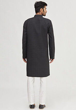 Solid Color Art Silk Sherwani in Black