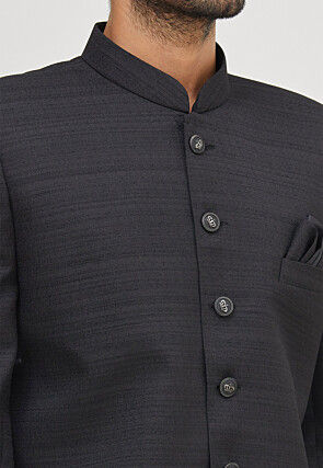 Solid Color Art Silk Sherwani in Black