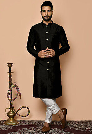 Solid Color Art Silk Sherwani in Black