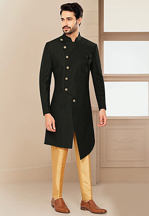 Solid Color Art Silk Sherwani in Black
