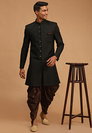 Solid Color Art Silk Sherwani in Black