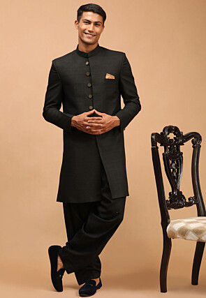 Solid Color Art Silk Sherwani in Black