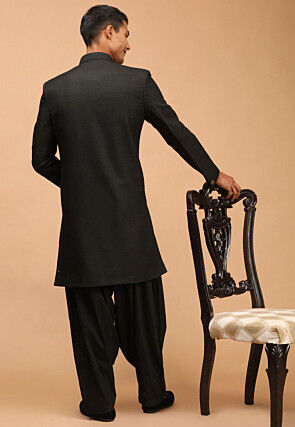 Solid Color Art Silk Sherwani in Black