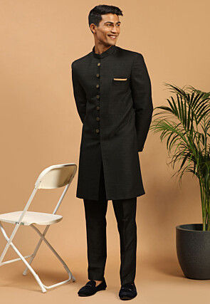 Solid Color Art Silk Sherwani in Black