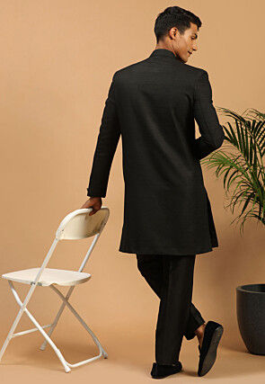 Solid Color Art Silk Sherwani in Black