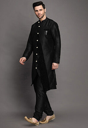 Solid Color Art Silk Kurta Set in Black