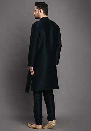 Solid Color Art Silk Kurta Set in Black