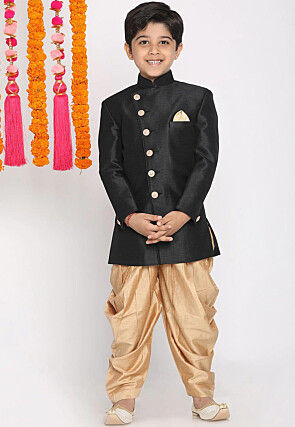 Solid Color Art Silk Dhoti Sherwani in Black