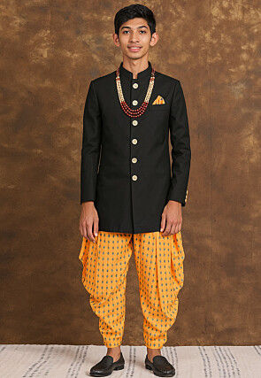 Solid Color Art Silk Sherwani in Black