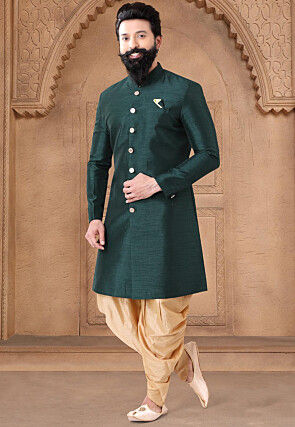 Solid Color Art Silk Sherwani in Green