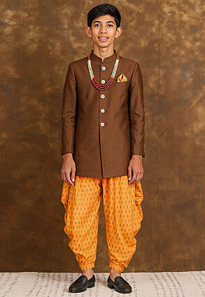 Solid Color Art Silk Sherwani in Light Brown