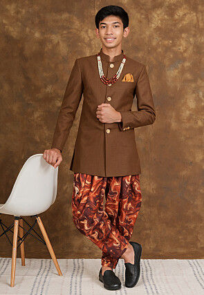 Solid Color Art Silk Sherwani in Light Brown