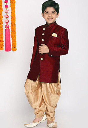 Solid Color Dhoti Art Silk Sherwani in Maroon