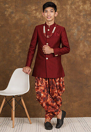 Solid Color Art Silk Sherwani in Maroon