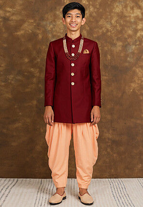 Solid Color Art Silk Sherwani in Maroon