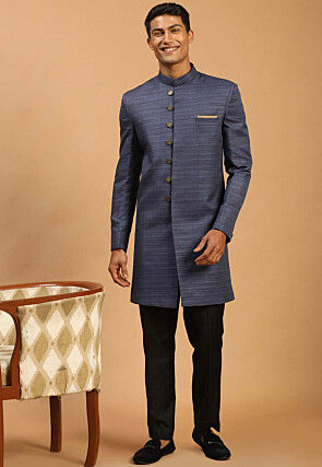 Solid Color Art Silk Sherwani in Navy Blue