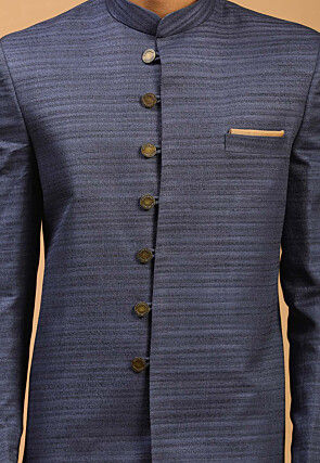 Solid Color Art Silk Sherwani in Navy Blue