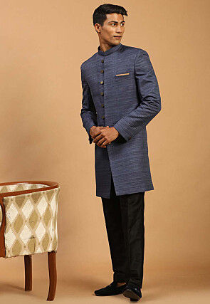 Solid Color Art Silk Sherwani in Navy Blue