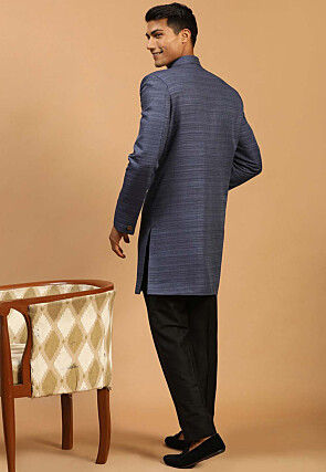 Solid Color Art Silk Sherwani in Navy Blue