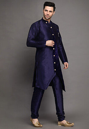 Solid Color Art Silk Sherwani in Navy Blue